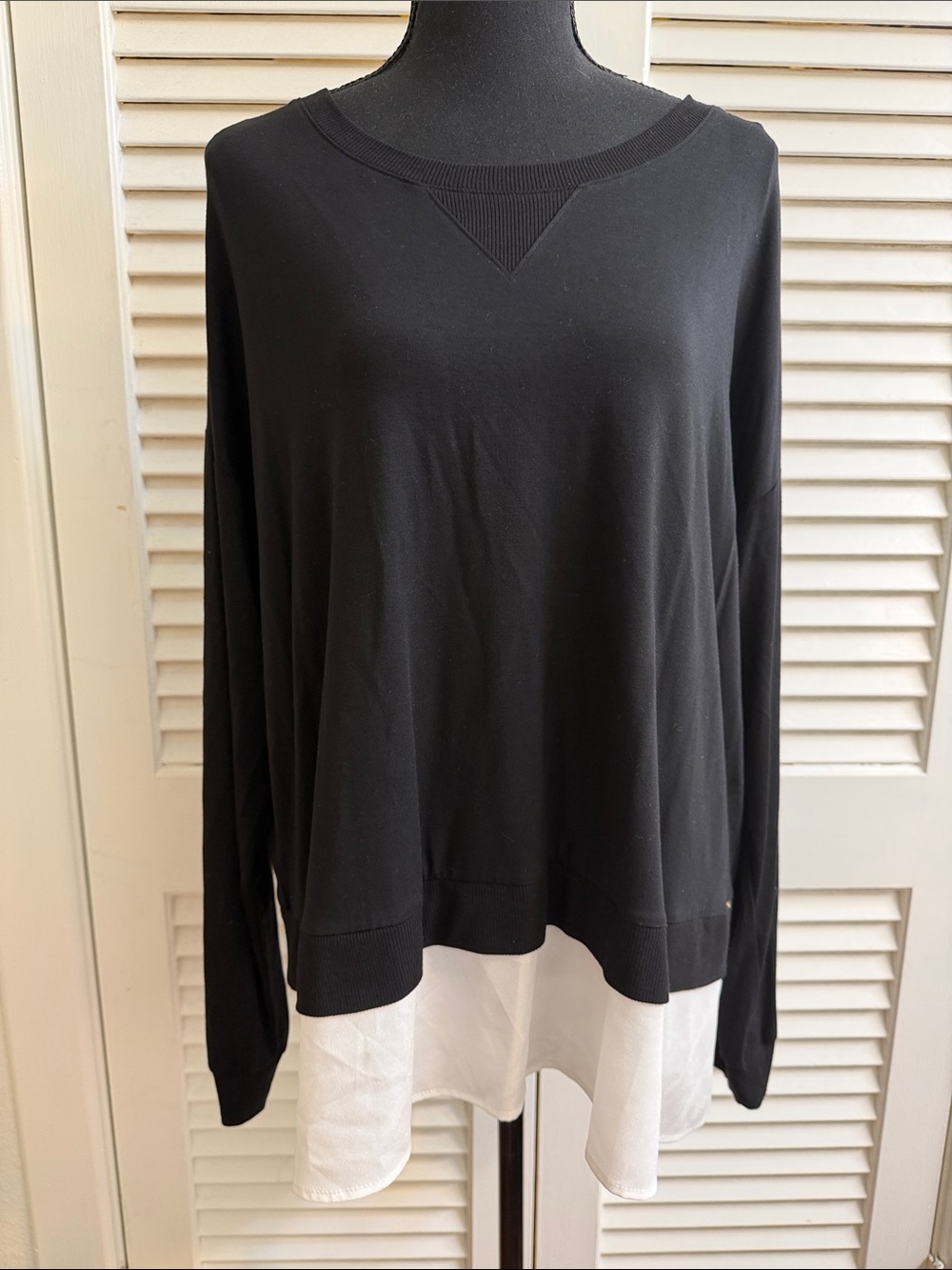 Calvin Klein Black Crewneck Sweater with White Layered Hem